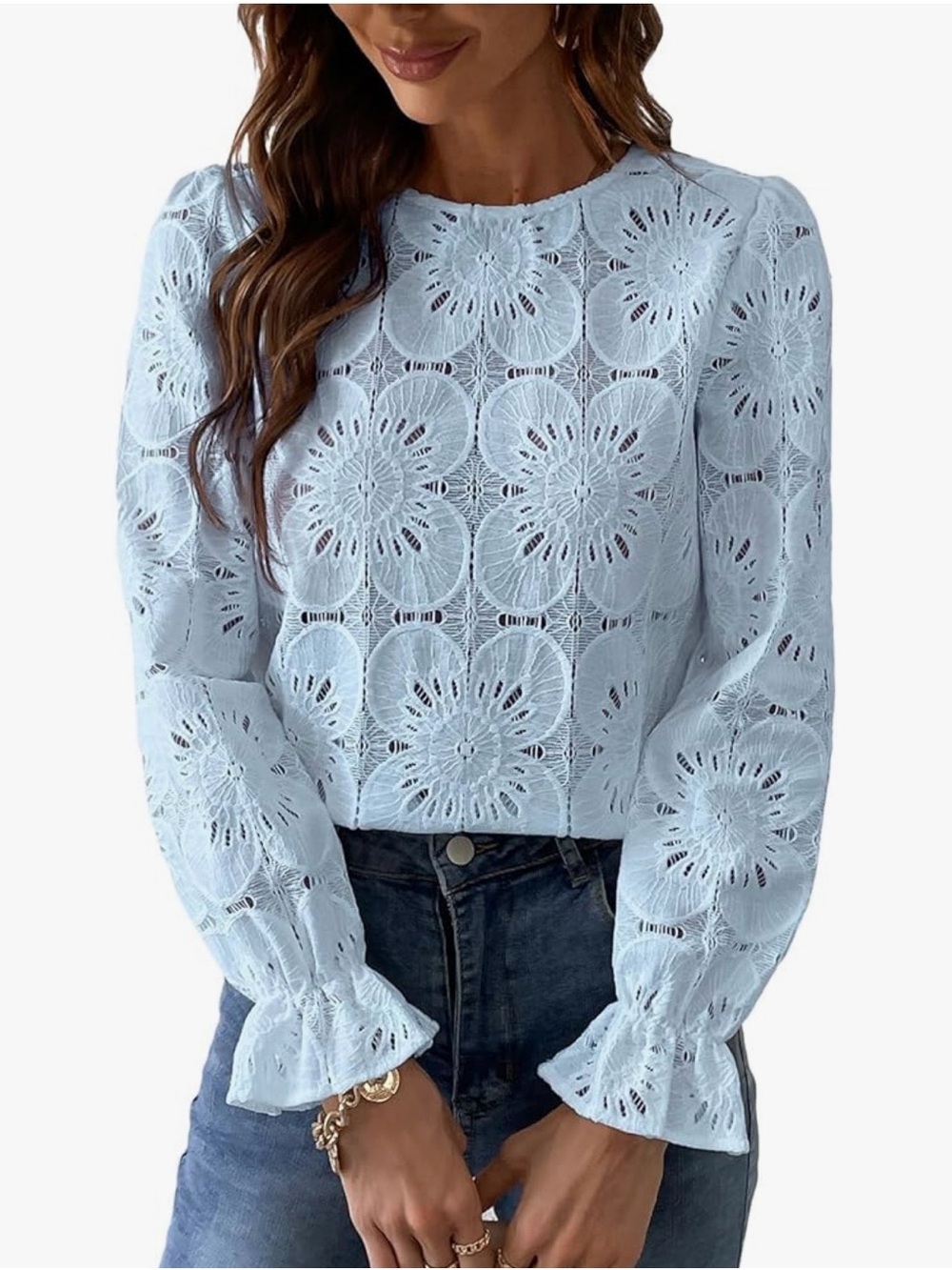 Cupshe Light Blue Crochet Floral Long-Sleeve Top